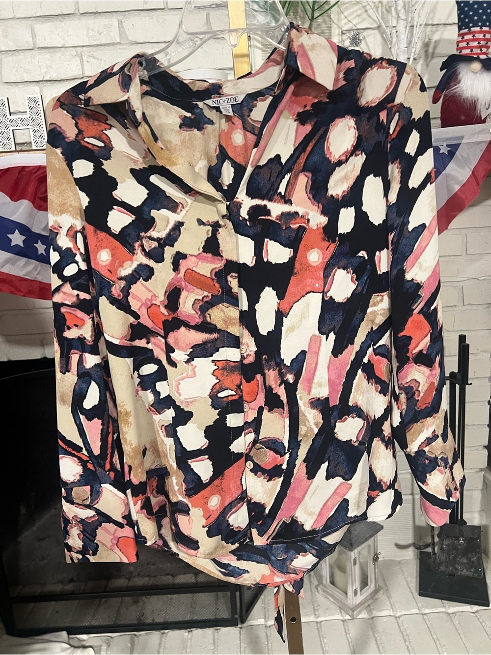 NIC+ZOE Abstract Brushstroke Button-Down Top in Navy, Pink, Cream
